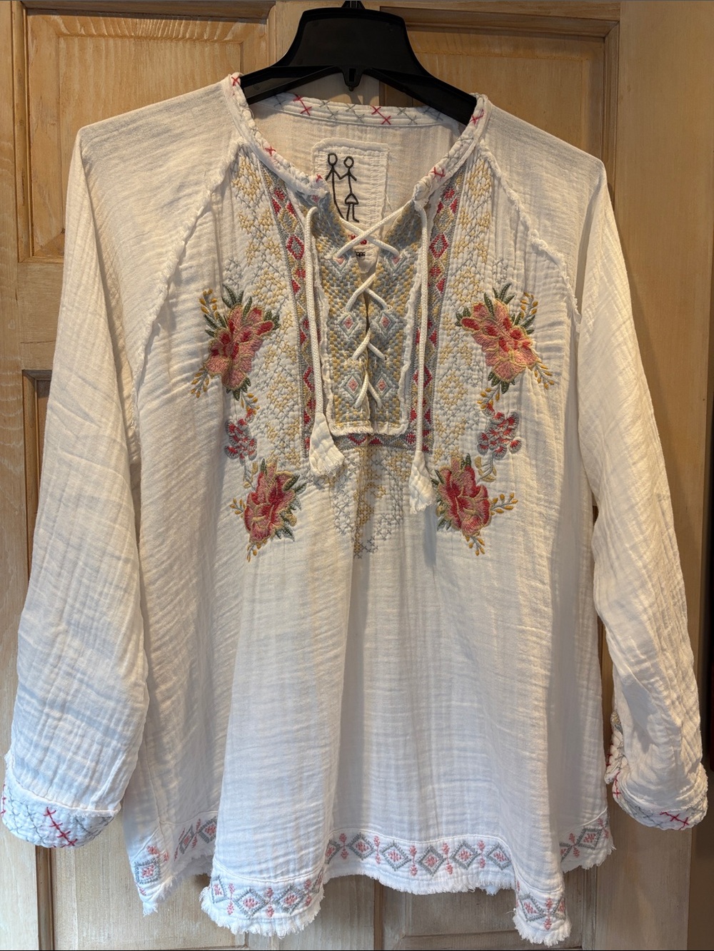 Johnny Was White Embroidered Lace-Up Gauze Top XL